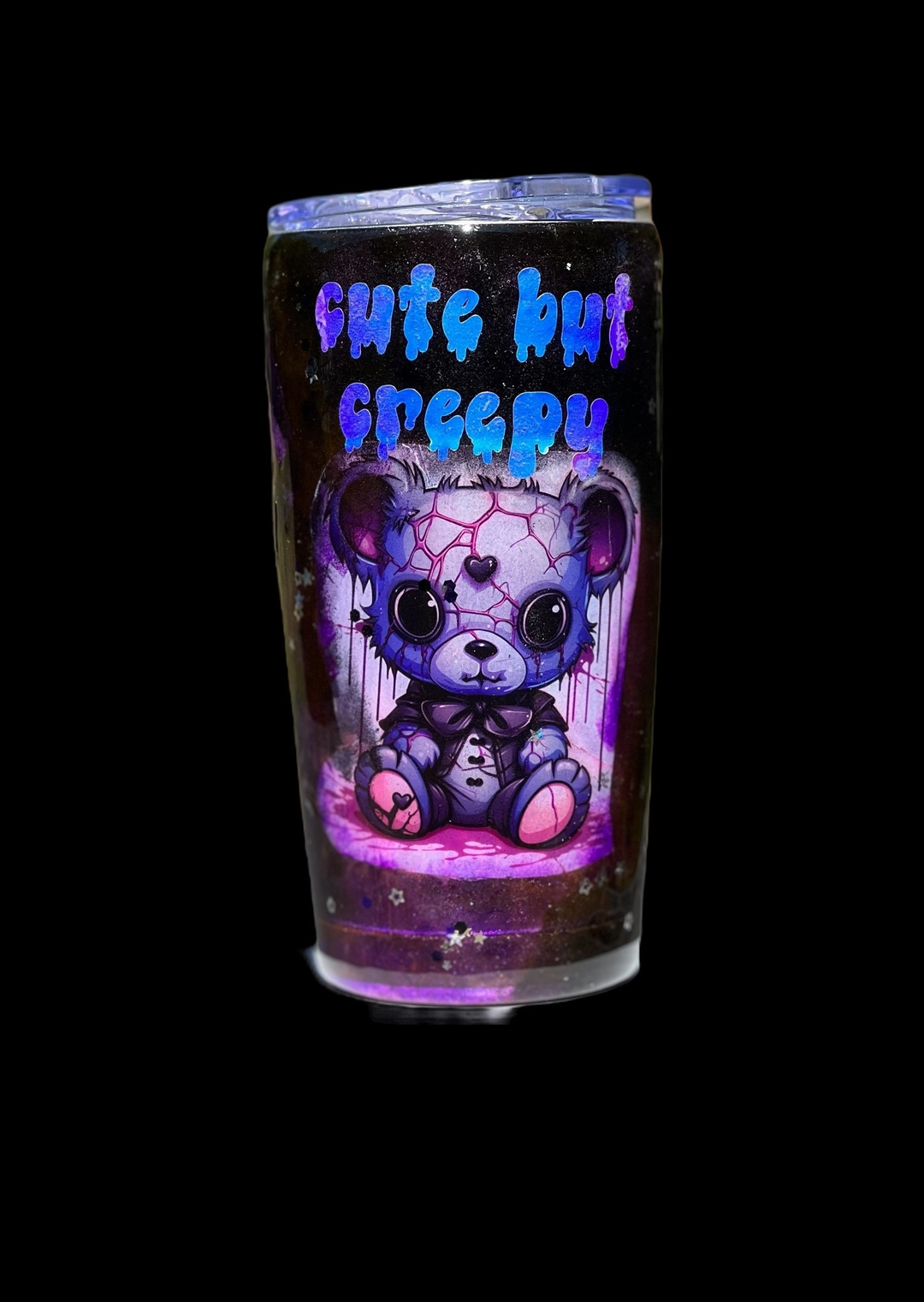 resin tumbler with purple zombie teddy bear with the words cute but creepy