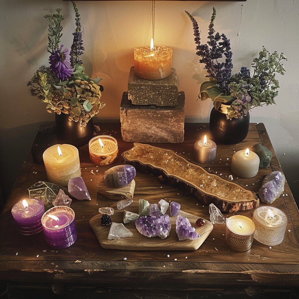 A spiritual altar with candles, flowers and crystals