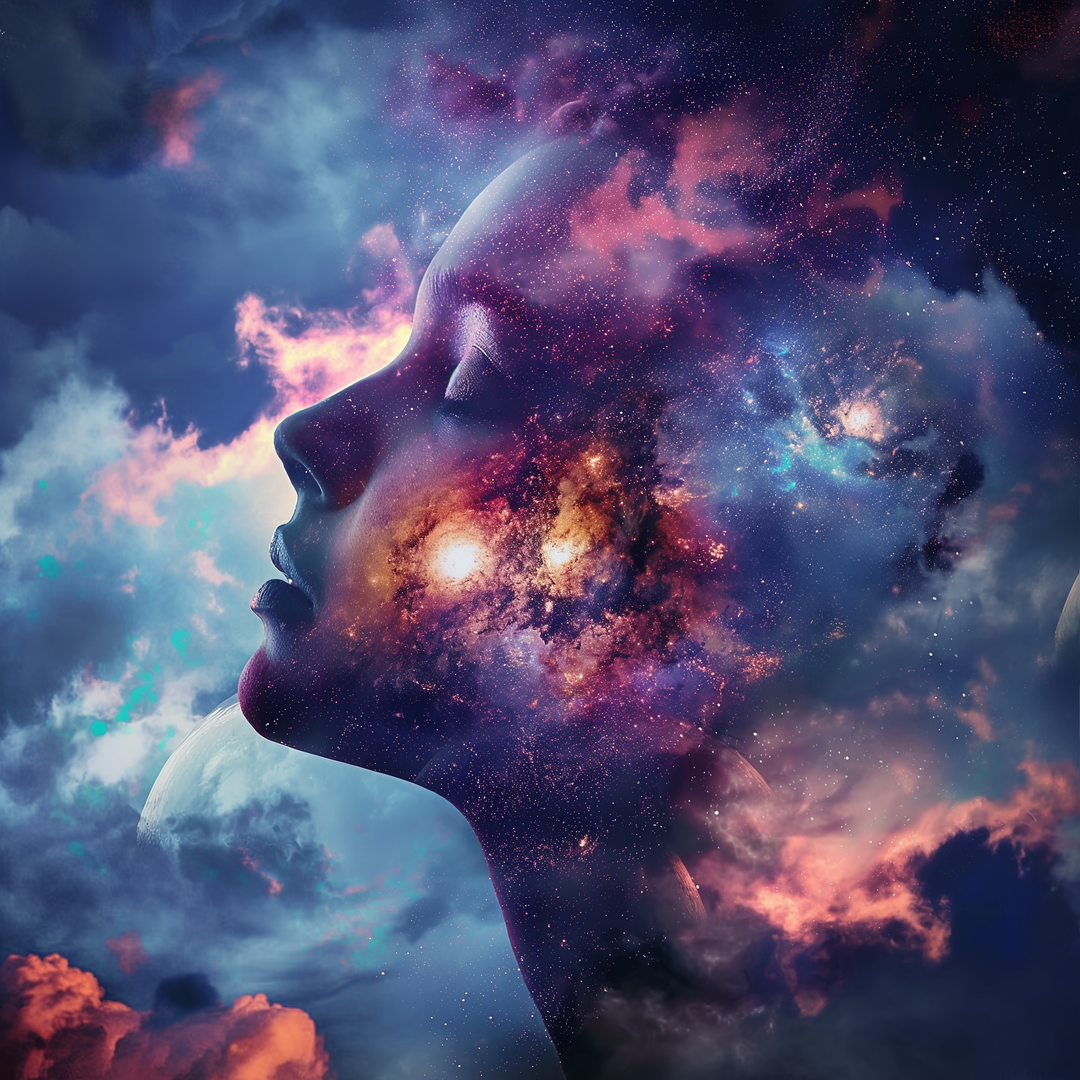 A mystical picture of a woman's face overlaid with a galaxy